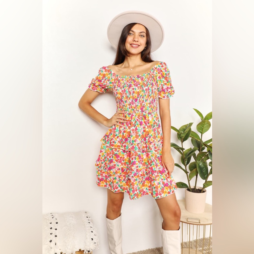 Devine Smocked Sweetheart Neck Flounce Sleeve Mini Dress